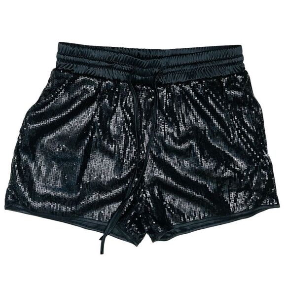 Pesion Sequin Shorts Black Pull On Elastic/Drawstring Waist Full Lining Size M - Picture 1 of 6